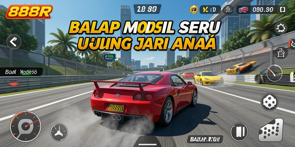 Tampilan antarmuka 888R yang menampilkan aksi balap mobil yang mendebarkan.